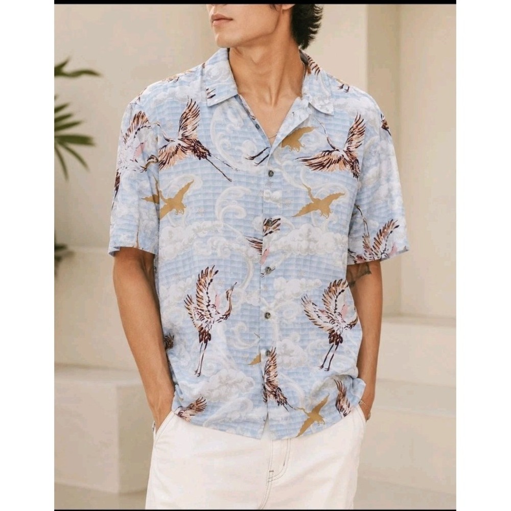 Topman Mens 2XL Crane Bird Cloud Print Shirt 100% Cotton Short Sleeve